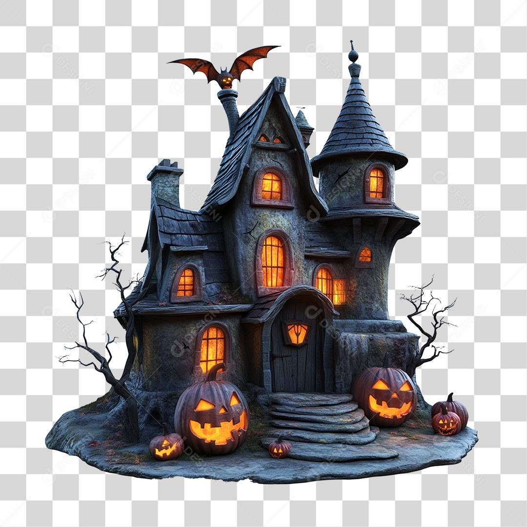 Elemento 3D Castelo Assombrado Halloween PNG Transparente