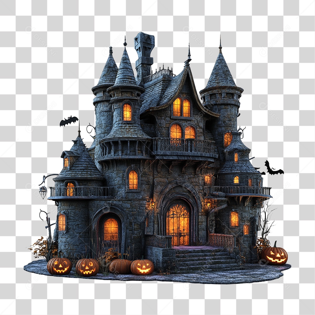 Elemento 3D Castelo Assombrado Halloween PNG Transparente