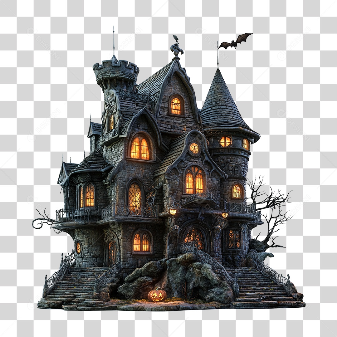 Elemento 3D Castelo Assombrado Halloween PNG Transparente