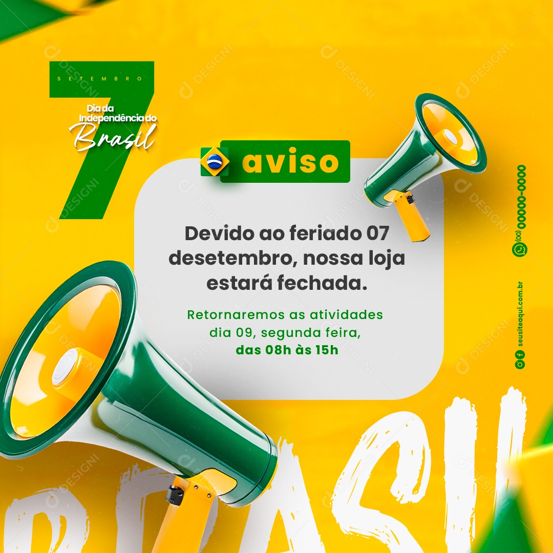 Dia da Independência do Brasil 07 de Setembro Aviso Social Media PSD Editável