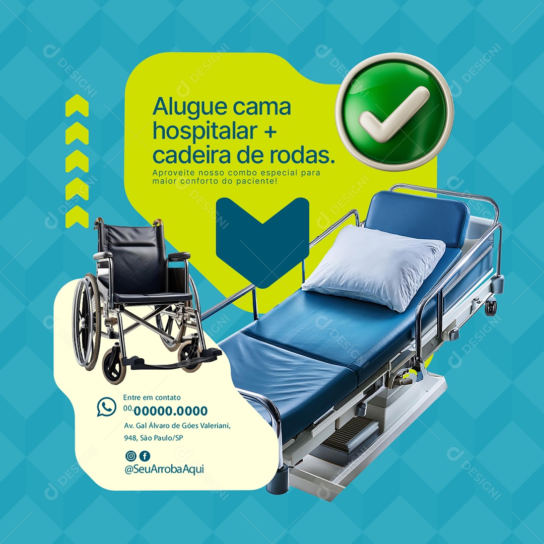 Equipamentos Aluguel Cama Hospitalar Cadeira de Rodas Social Media PSD Editável