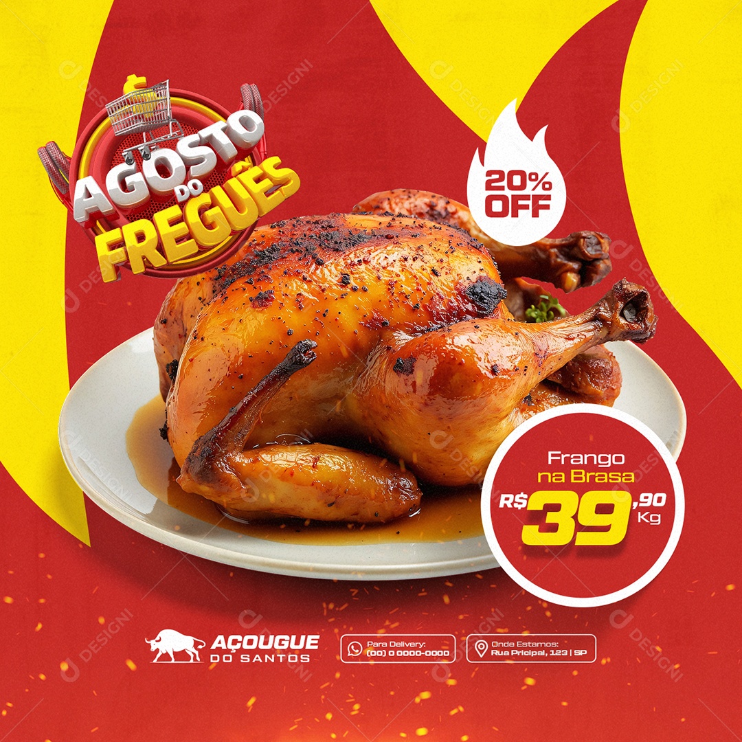 Agosto do Freguês Açougue Frango na Brasa 20% Off Social Media PSD Editável