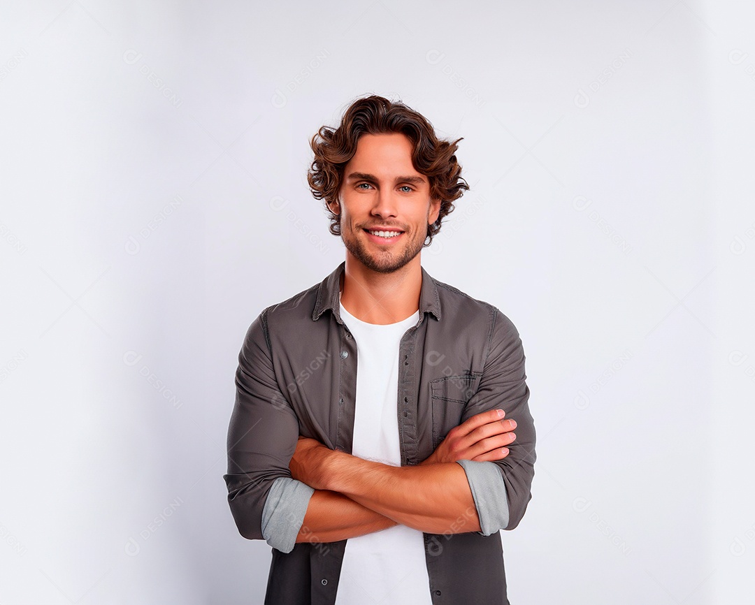 Homem jovem feliz e sorridente com cabelos castanhos roupa social