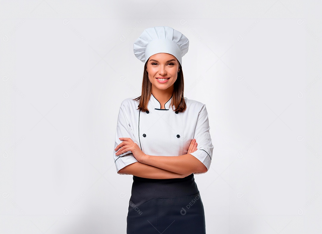 Mulher jovem feliz e sorridente com cabelos castanhos roupa de chefe