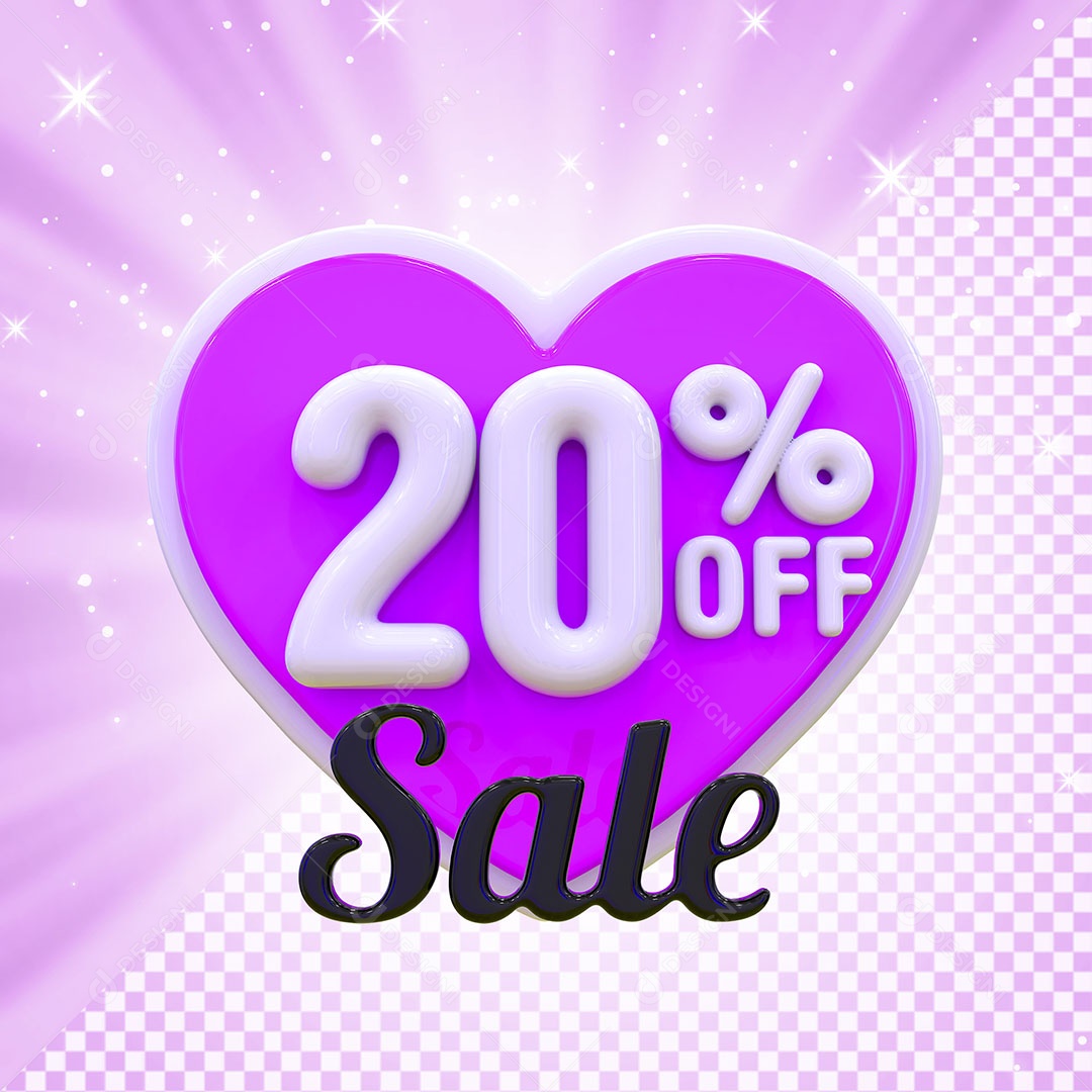 Coração Rosa 20% OFF Elemento 3D para Composição PSD