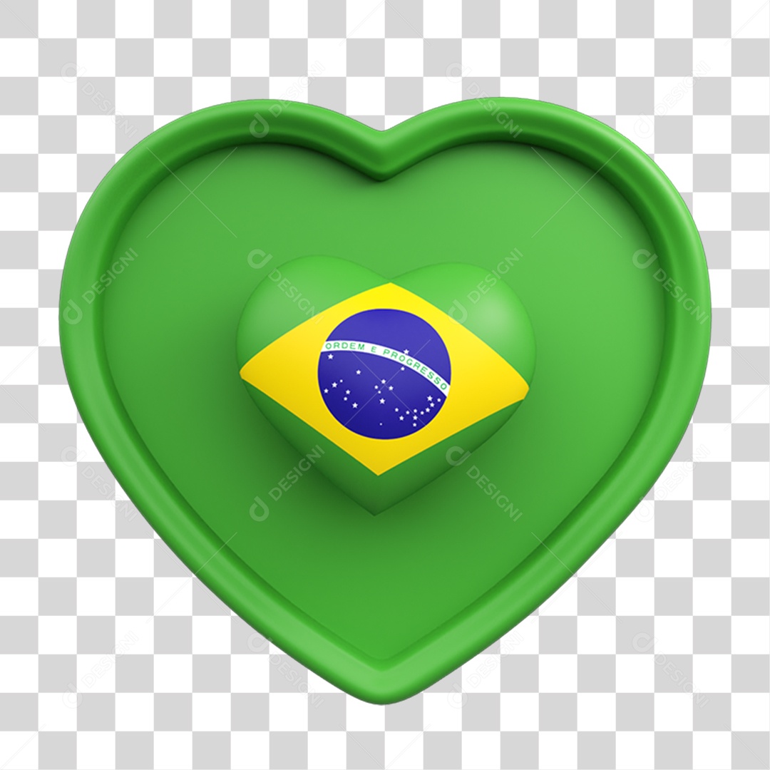Elemento 3D Coração Bandeira do Brasil PNG Transparente
