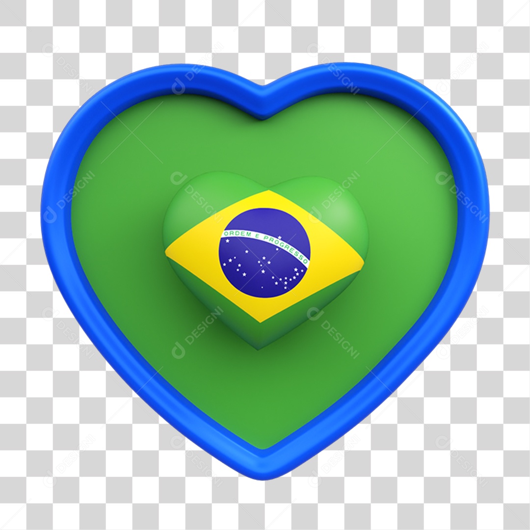 Elemento 3D Coração Bandeira do Brasil PNG Transparente