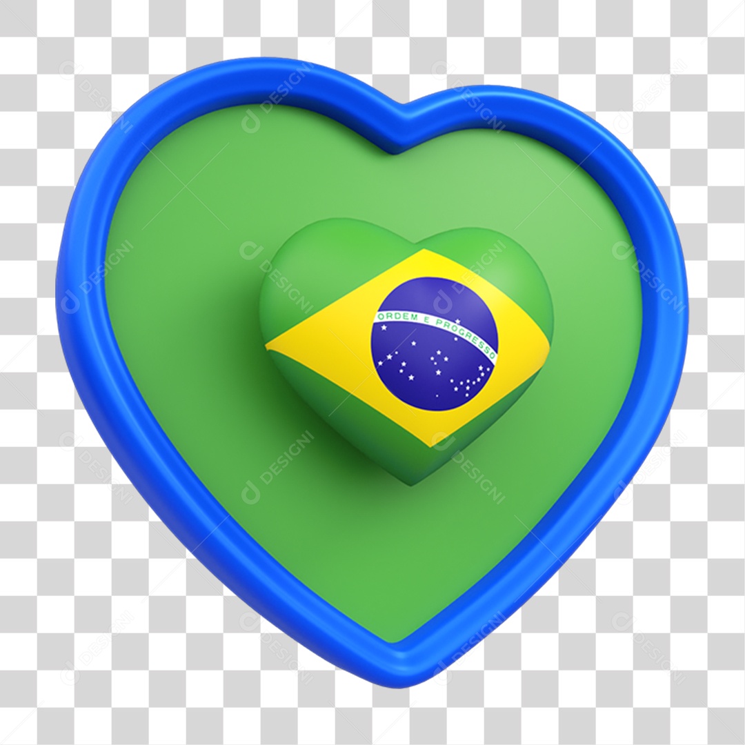 Elemento 3D Coração Bandeira do Brasil PNG Transparente