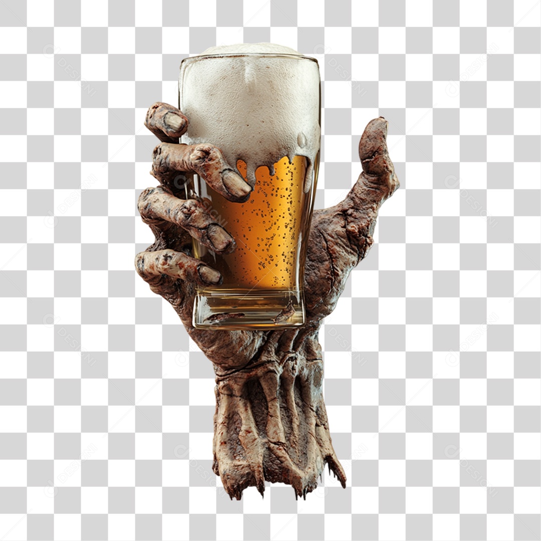 Elemento 3D Mão Zumbi com Copo de Cerveja Halloween PNG Transparente