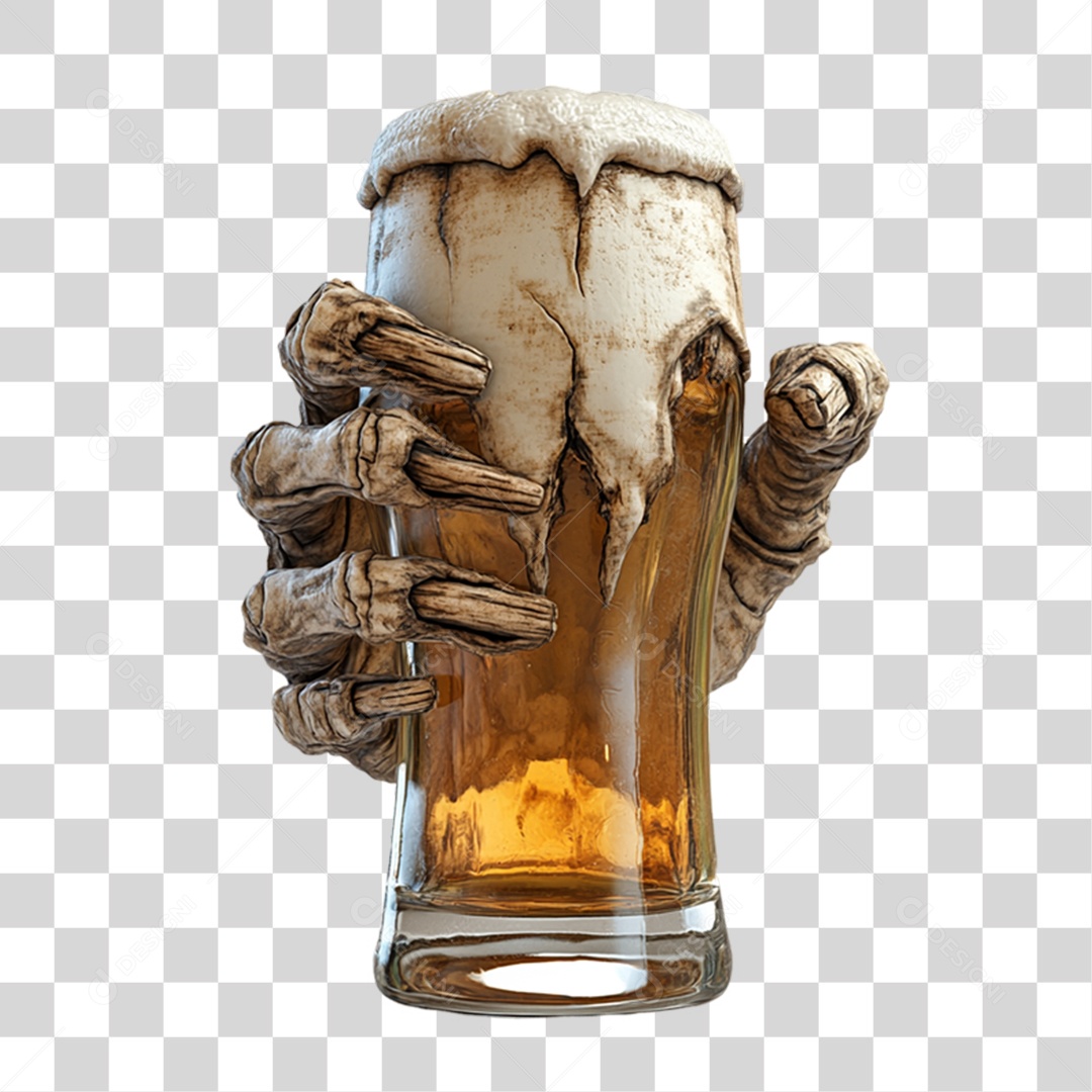 Elemento 3D Mão Zumbi com Copo de Cerveja Halloween PNG Transparente