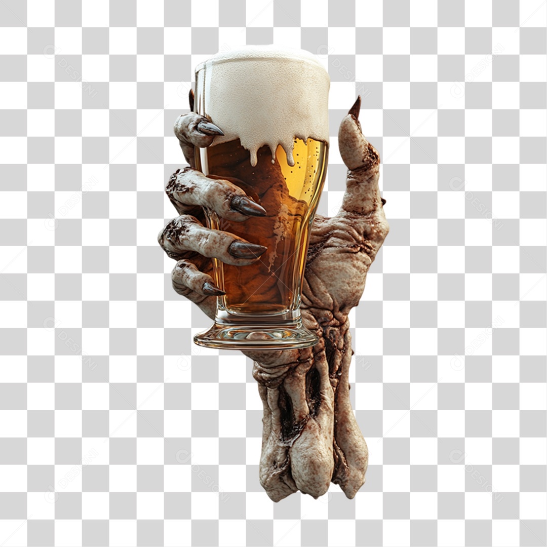 Elemento 3D Mão Zumbi com Copo de Cerveja Halloween PNG Transparente
