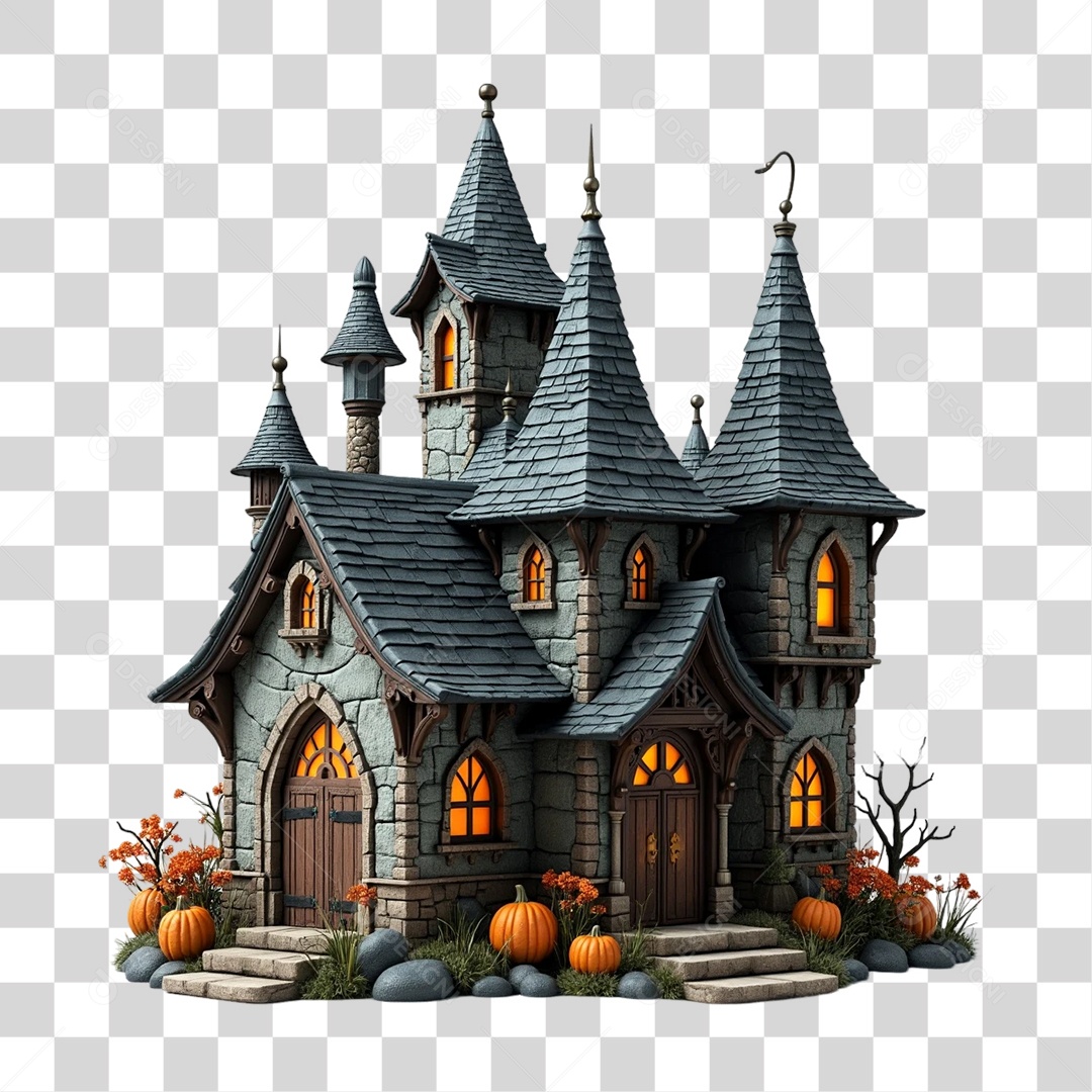 Elemento 3D Castelo Dia das Bruxas Halloween PNG Transparente