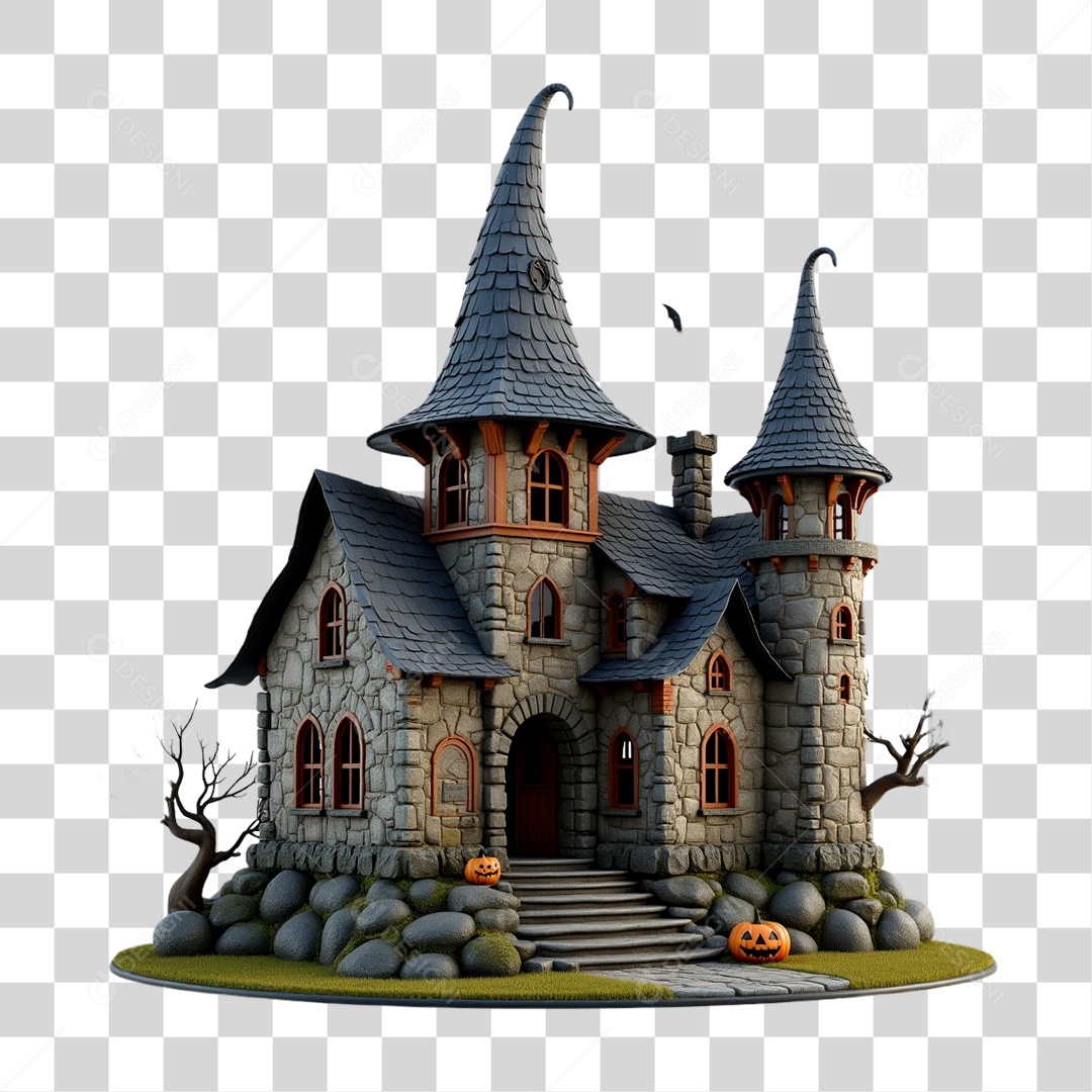 Elemento 3D Castelo Dia das Bruxas Halloween PNG Transparente
