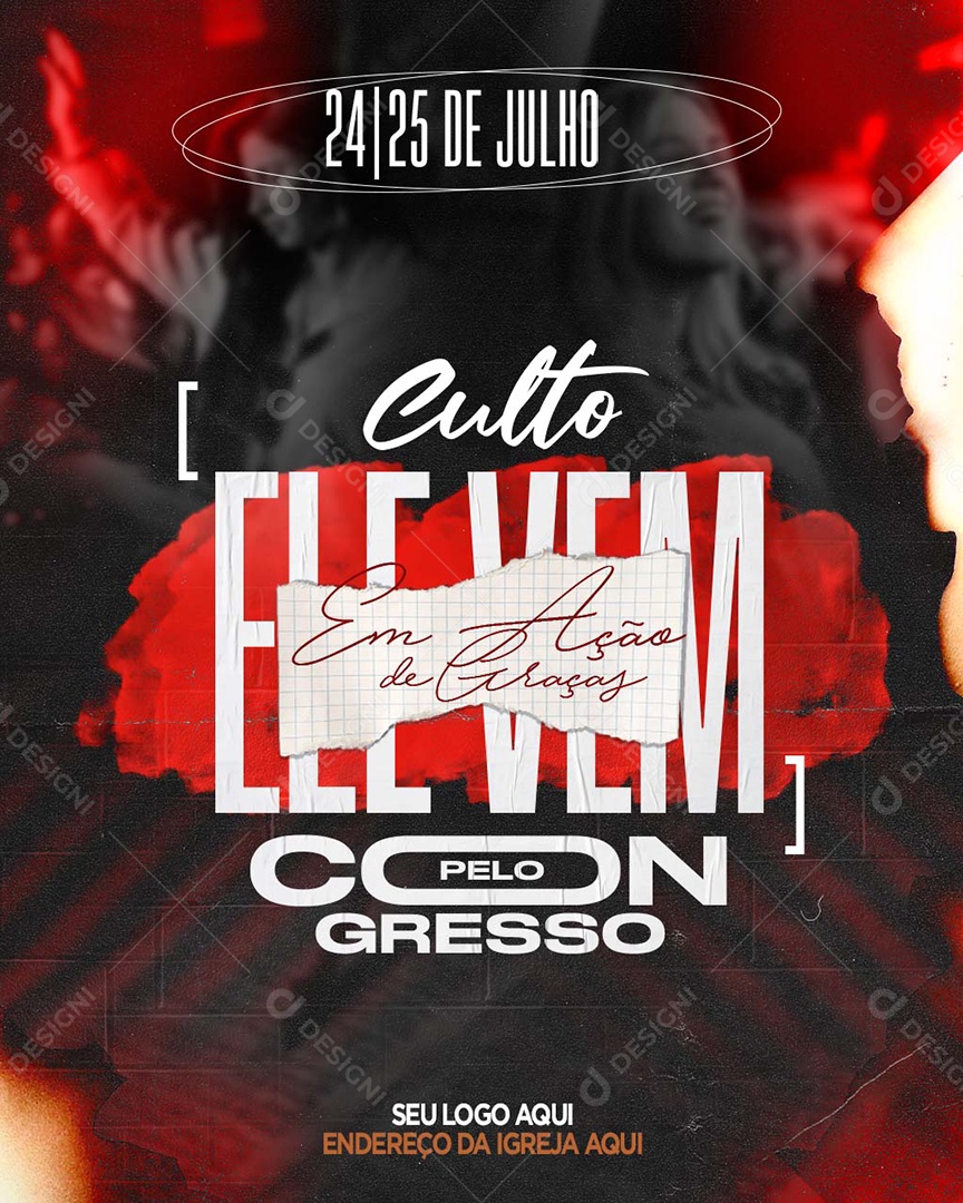 Feed Flyer Gospel Culto Ele Vem Social Media PSD Editável