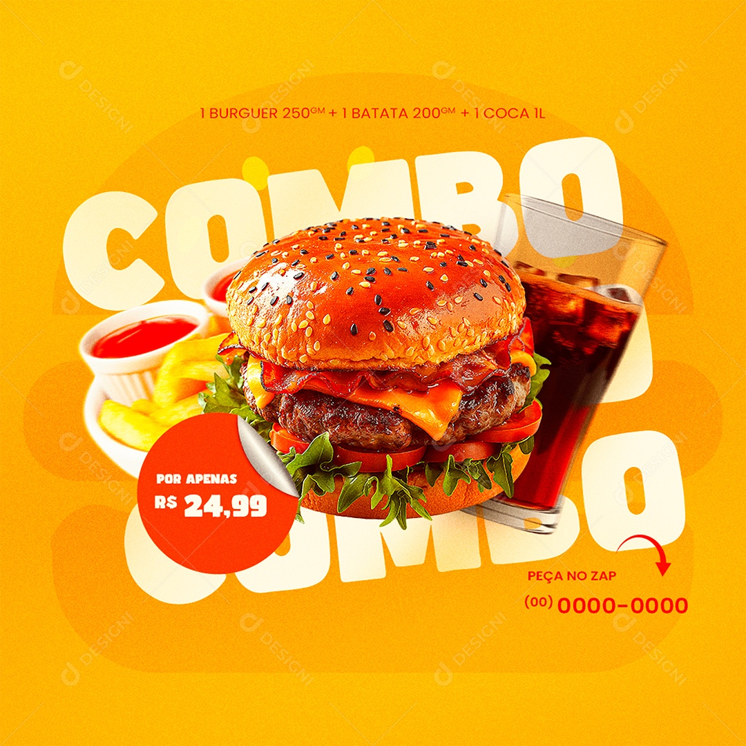 Combo 1 Burguer mais Batata e Coca Social Media PSD Editável