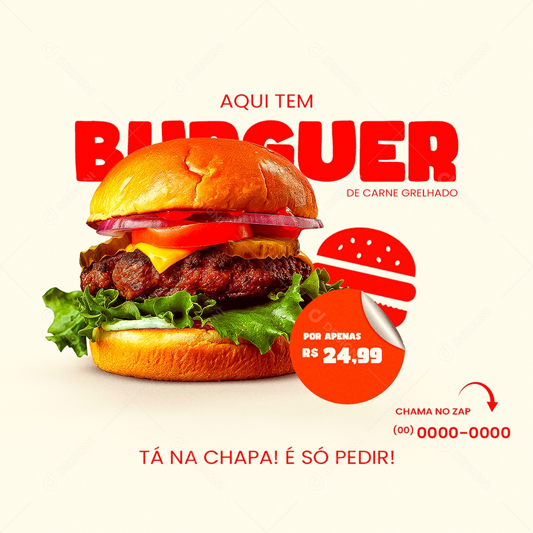 Aqui tem Burguer de Carne Grelhado Social Media PSD Editável