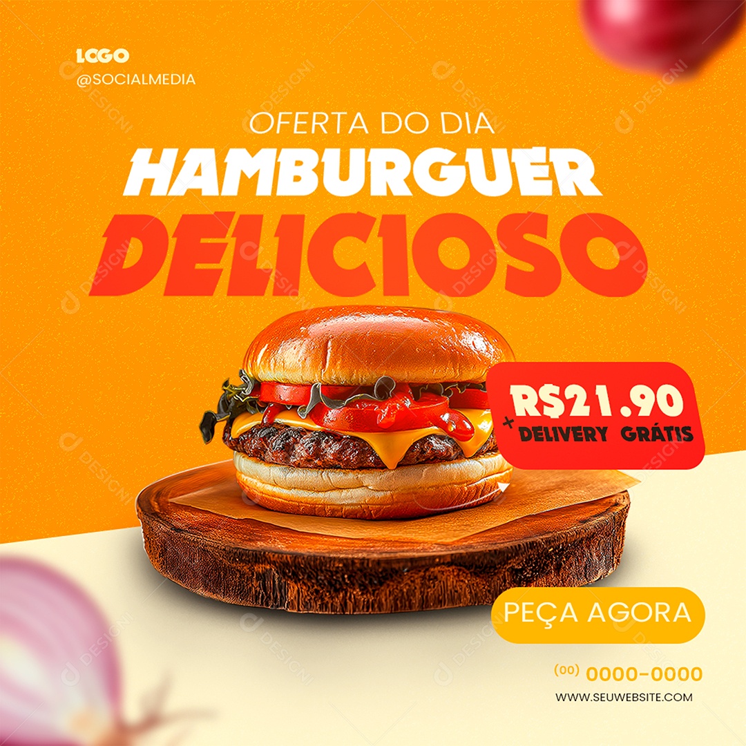 Oferta do Dia Hamburguer Delicioso Delivery Grátis Social Media PSD Editável