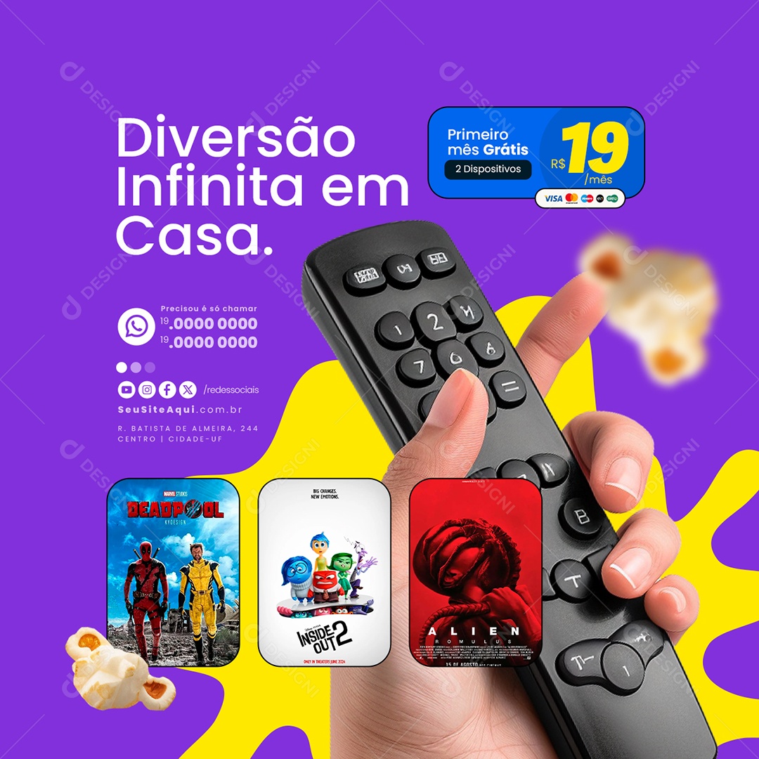 IPTV Diversão Infinita em Casa Primeiro Mês Grátis Social Media PSD Editável