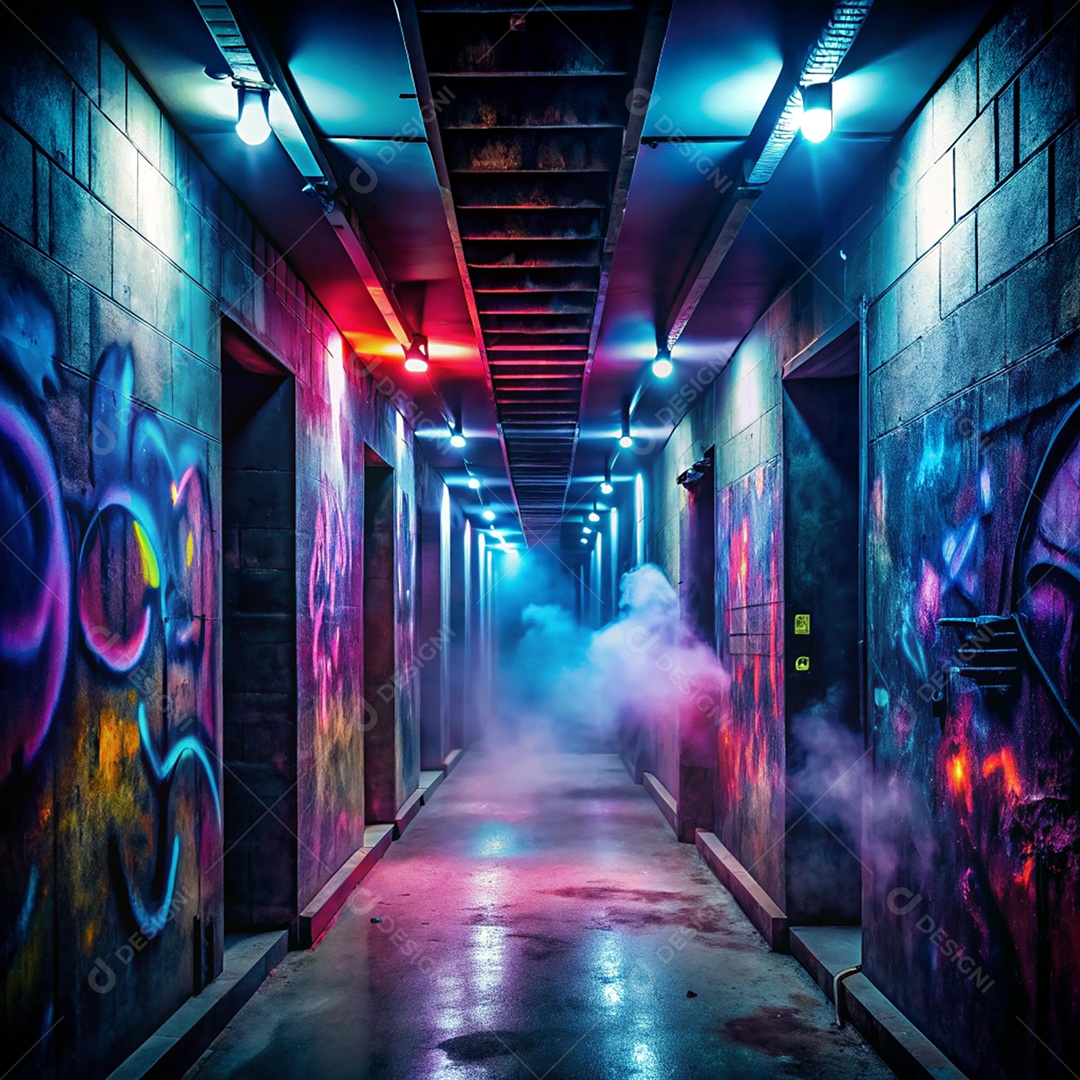 Fundo abstrato de corredor com desenhos de gráfite e luzes