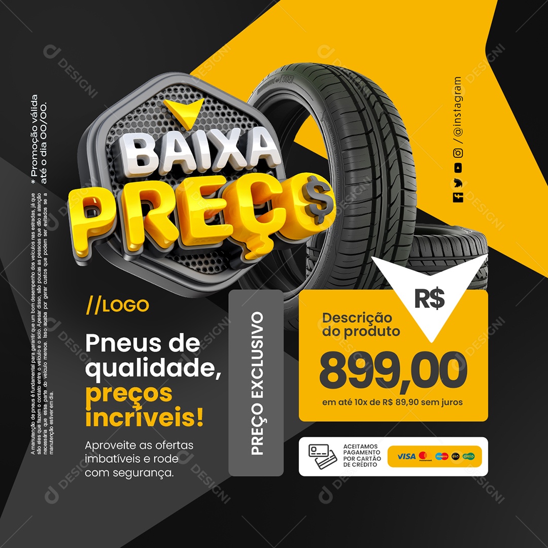Baixa Preço Loja de Pneus Preços Incríveis Social Media PSD Editável