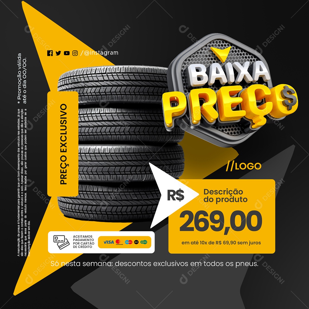 Baixa Preço Loja de Pneus Preço Exclusivo Social Media PSD Editável