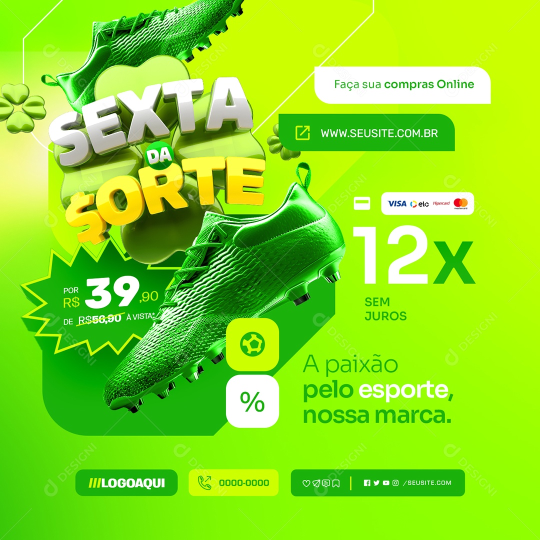 Sexta da Sorte Materiais Esportivos Chuteira Paixão pelo Esporte Social Media PSD Editável