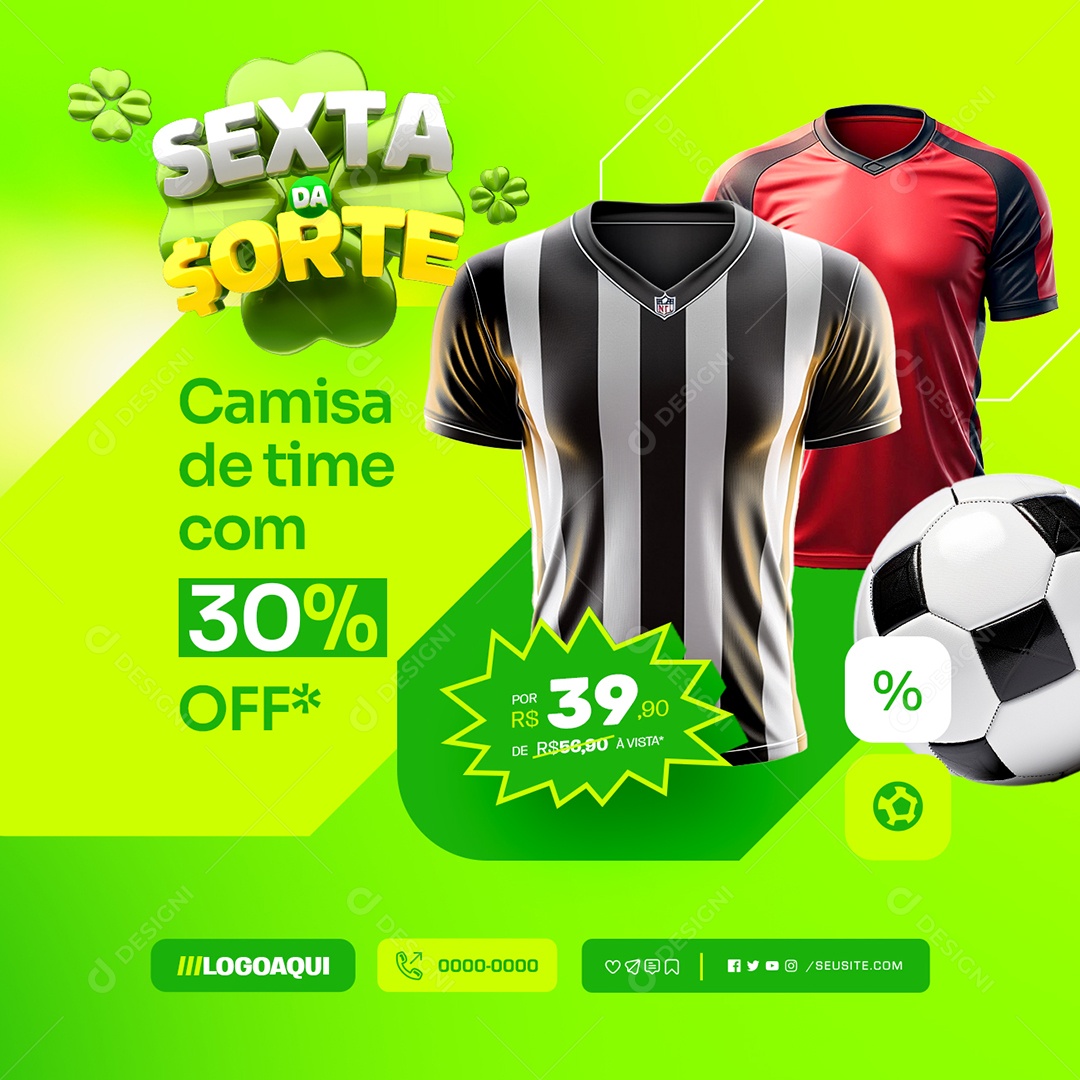 Sexta da Sorte Materiais Esportivos Camisa de Time com 30% Off Social Media PSD Editável