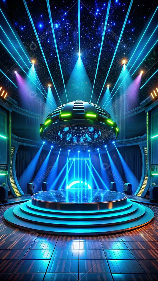 Palco em forma de nave com luzes neon