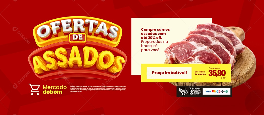 Banner Ofertas de Assados Supermercado Compre Carnes Assadas Social Media PSD Editável