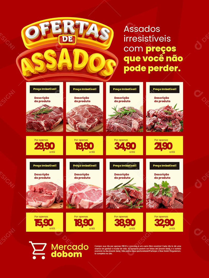 Ofertas de Assados Supermercado Encarte Preço Imbatível Social Media PSD Editável