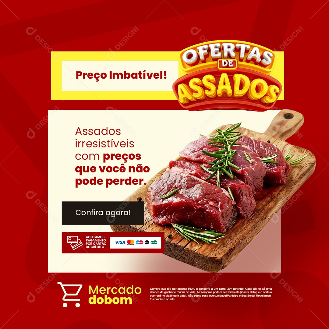 Ofertas de Assados Supermercado Confira Agora Social Media PSD Editável