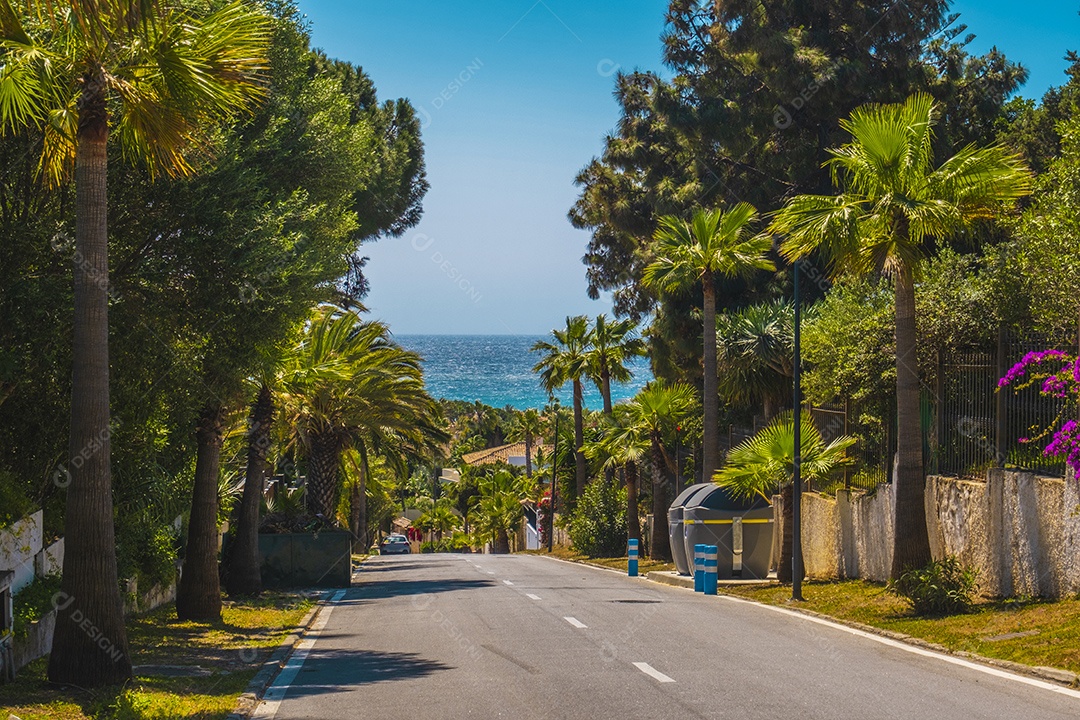 Rua cercada por palmeiras que leva à praia de marbella na espanha
