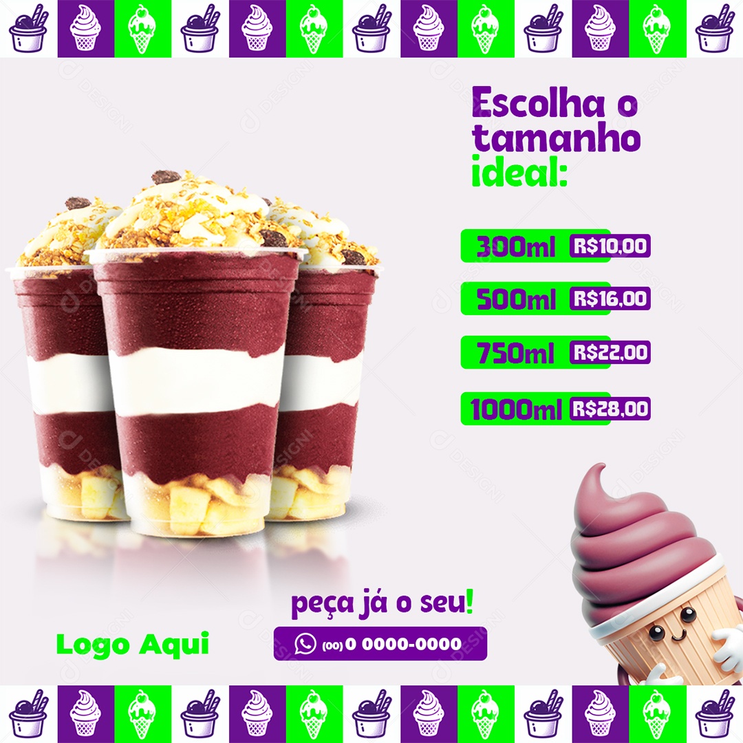 Açaiteria Escolha o Tamanho Ideal Social Media PSD Editável