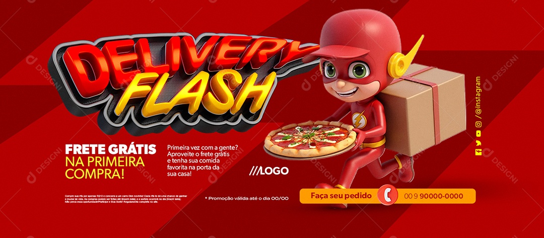 Banner Delivery Flash Pizza Frete Grátis na Primeira Compra Social Media PSD Editável