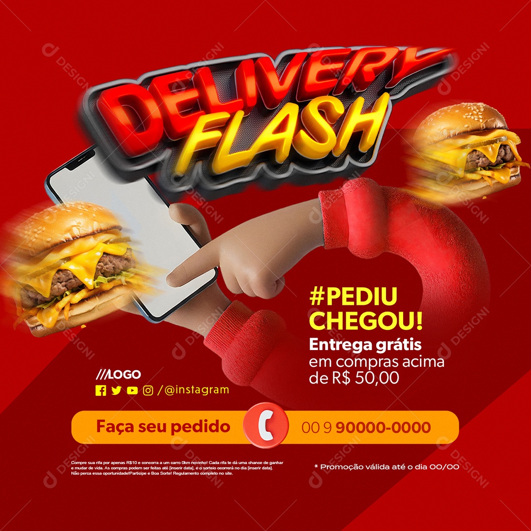 Delivery Flash Hambúrguer Pediu Chegou Entrega Grátis Social Media PSD Editável
