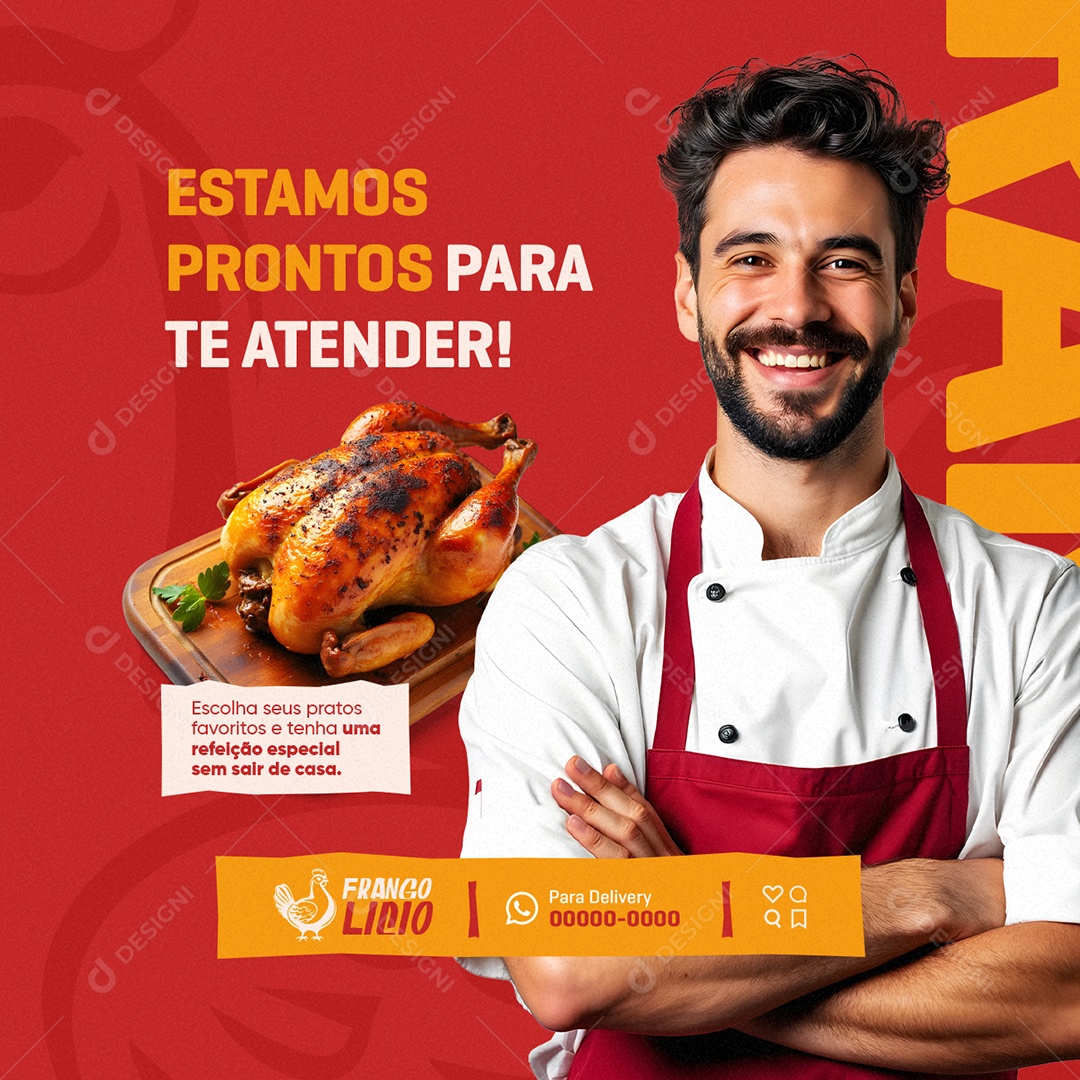 Rotisserie Estamos Prontos para Te Atender Social Media PSD Editável