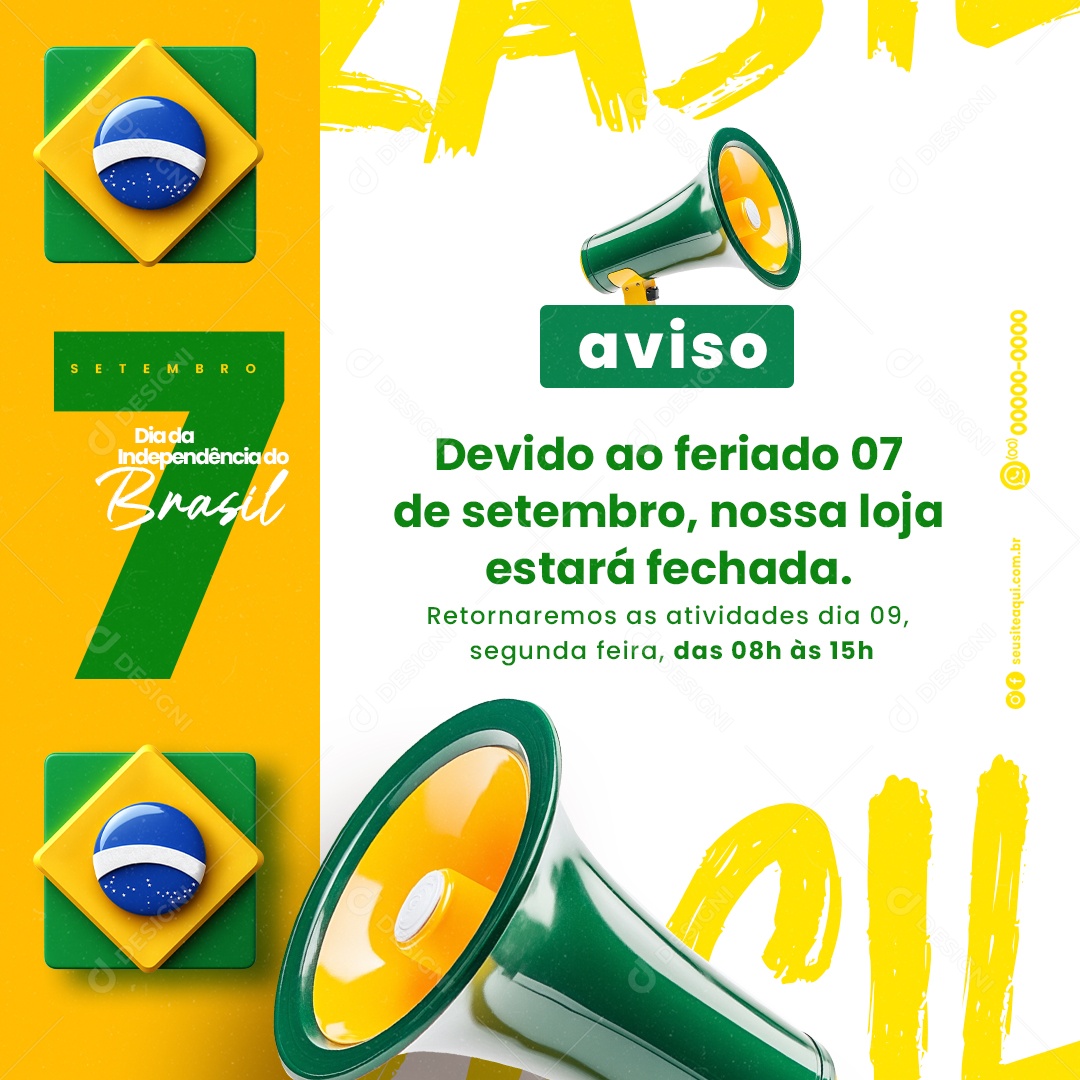 Dia da Independência do Brasil 07 de Setembro Aviso Social Media PSD Editável