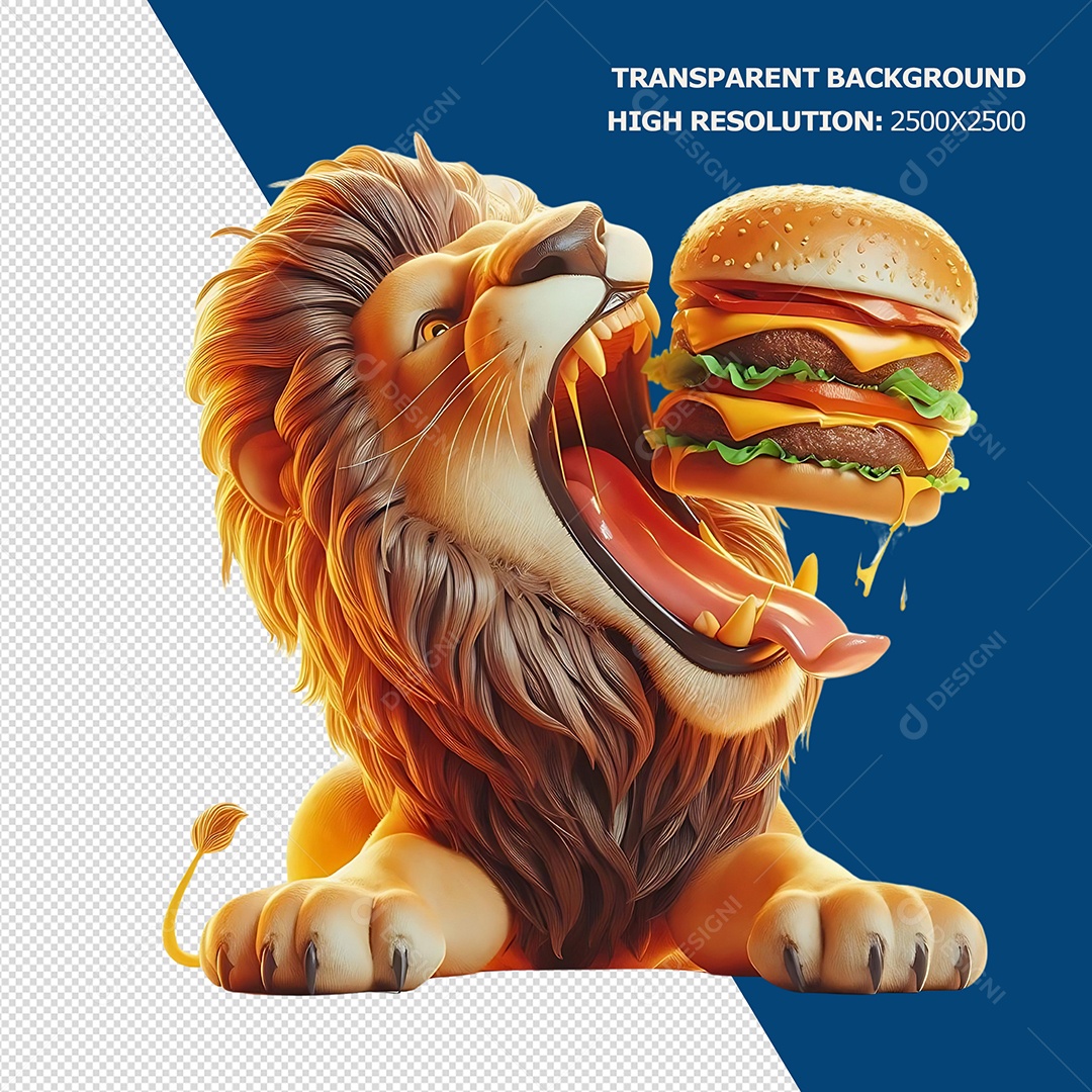 Leão Comendo Hambúrguer Elemento 3D para Composição PSD
