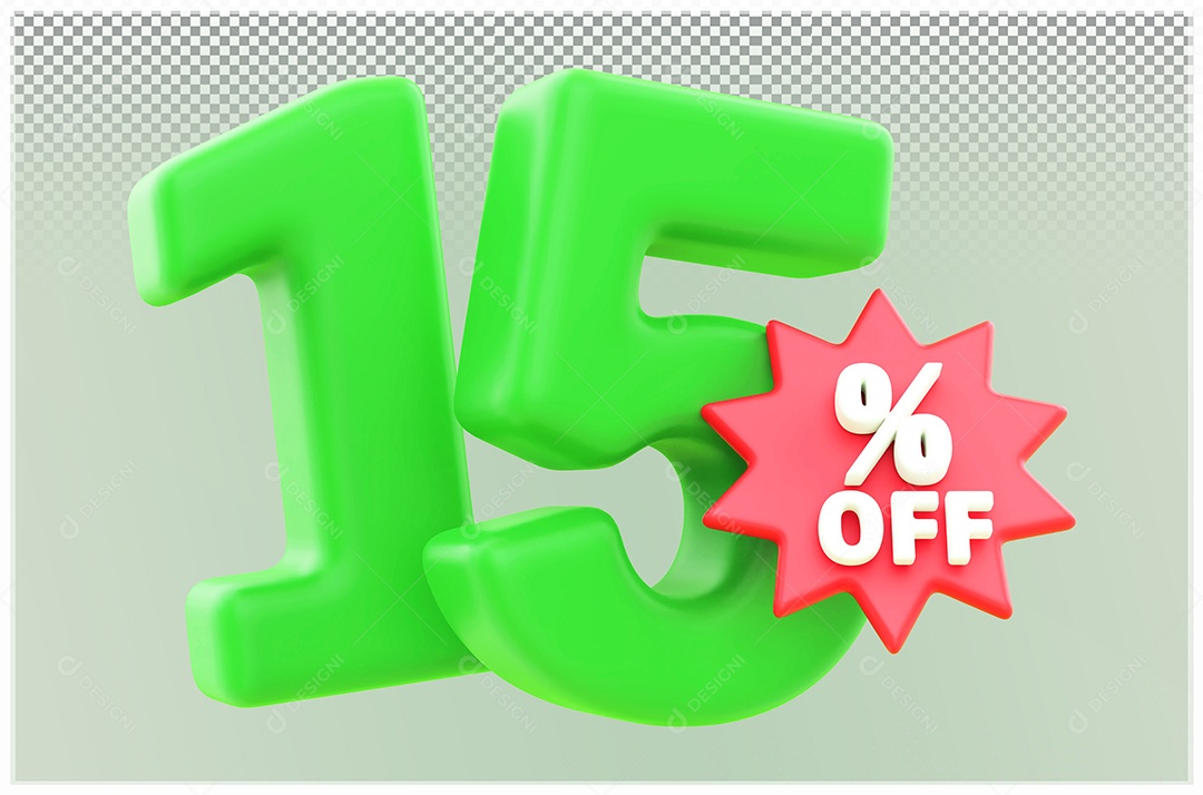 Desconto de 15% Off Elemento 3D verde e Vermelho para Composição PSD