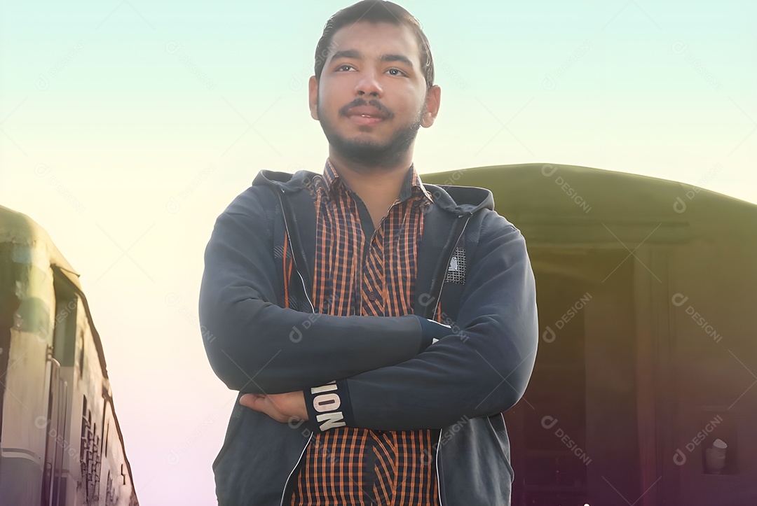 Retrato de um jovem indiano em pé com os braços cruzados com confiança