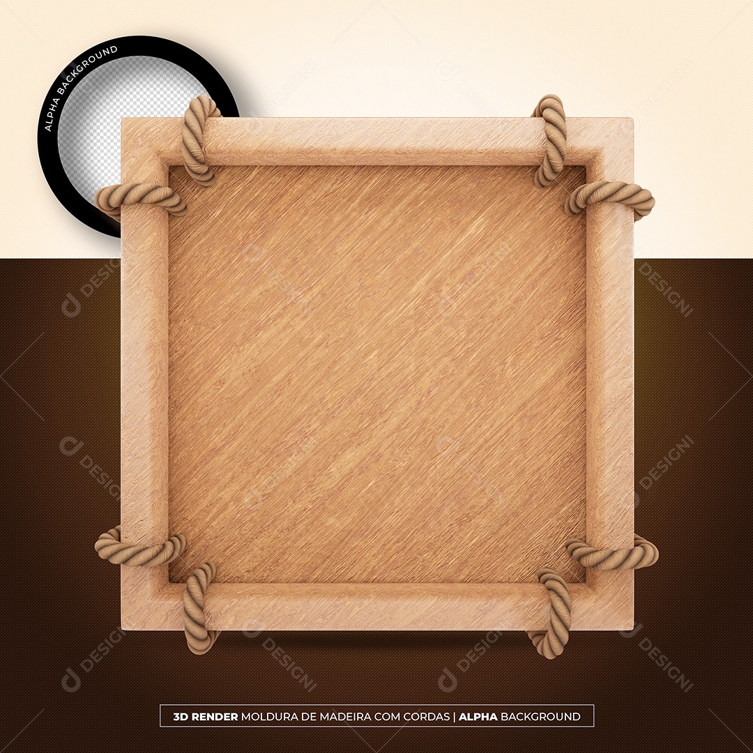 Elemento 3D Quadro Moldura de Madeira com Cordas para Composição PSD