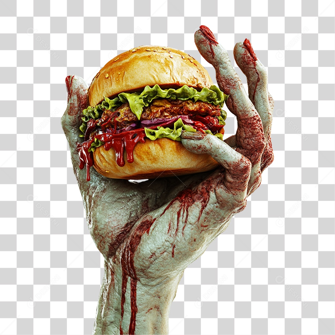 Elemento 3D Mão de Zumbi Halloween com Sanduiche PNG Transparente