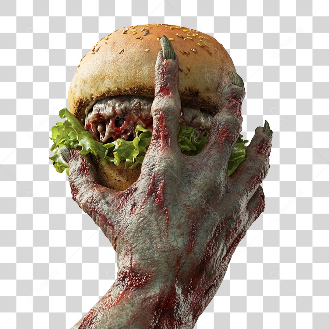 Elemento 3D Mão de Zumbi Halloween com Sanduiche PNG Transparente