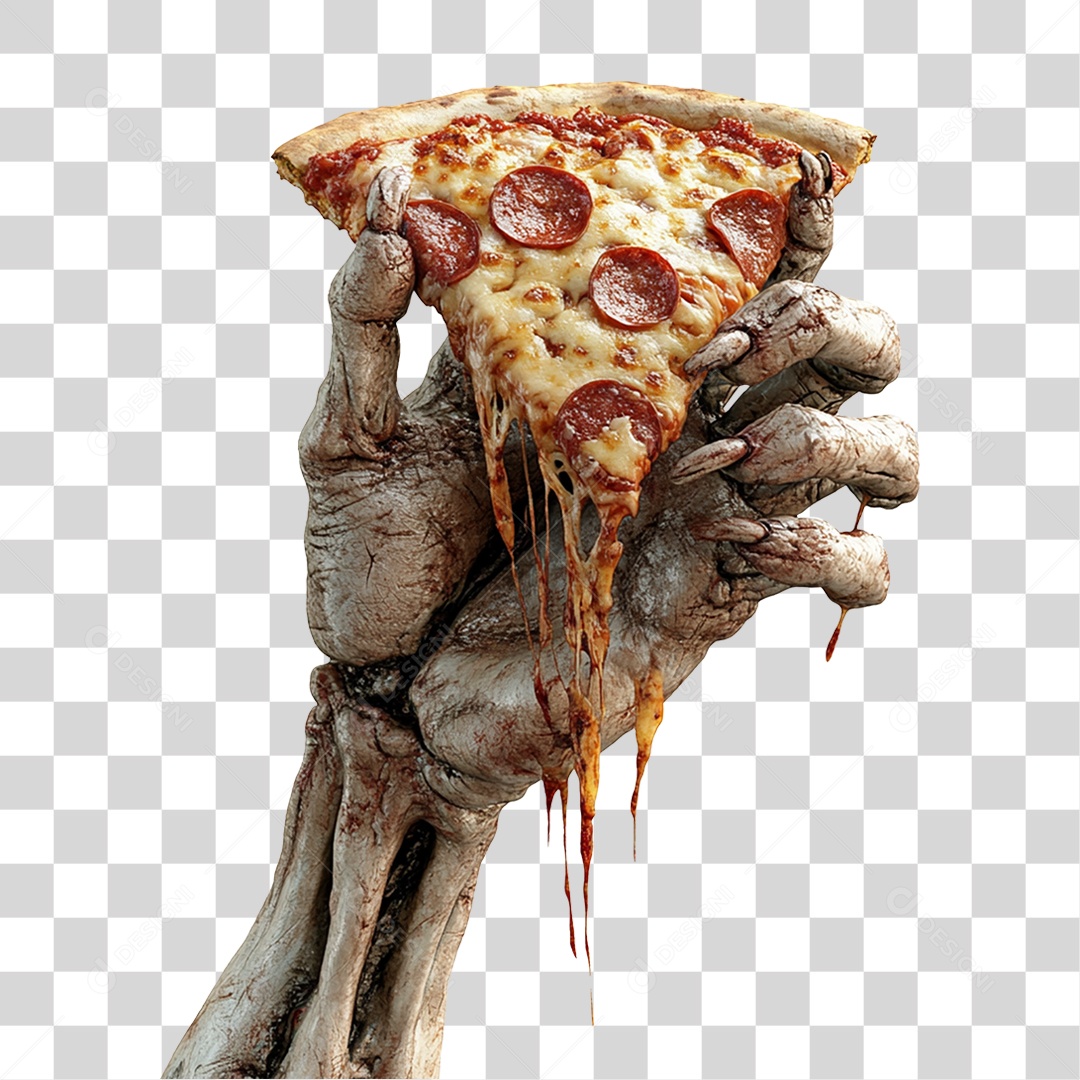 Elemento 3D Mão de Zumbi Halloween com Pizza PNG Transparente