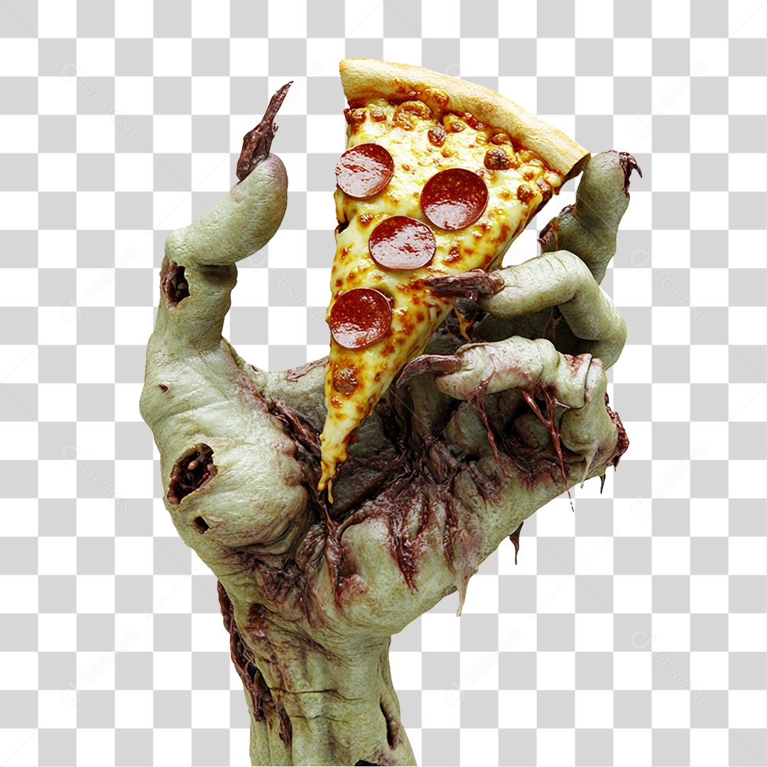 Elemento 3D Mão de Zumbi Halloween com Pizza PNG Transparente