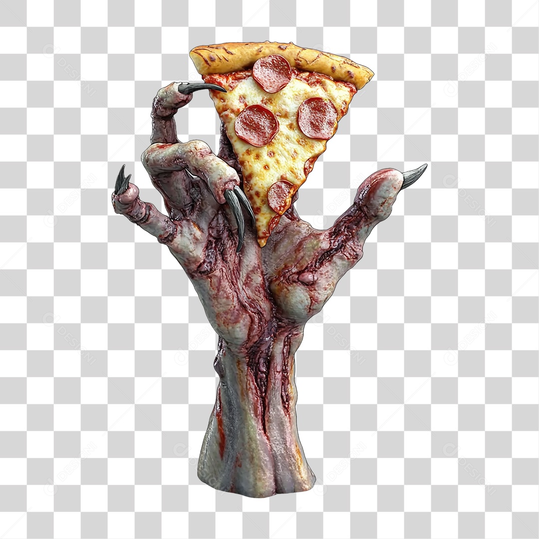 Elemento 3D Mão de Zumbi Halloween com Pizza PNG Transparente