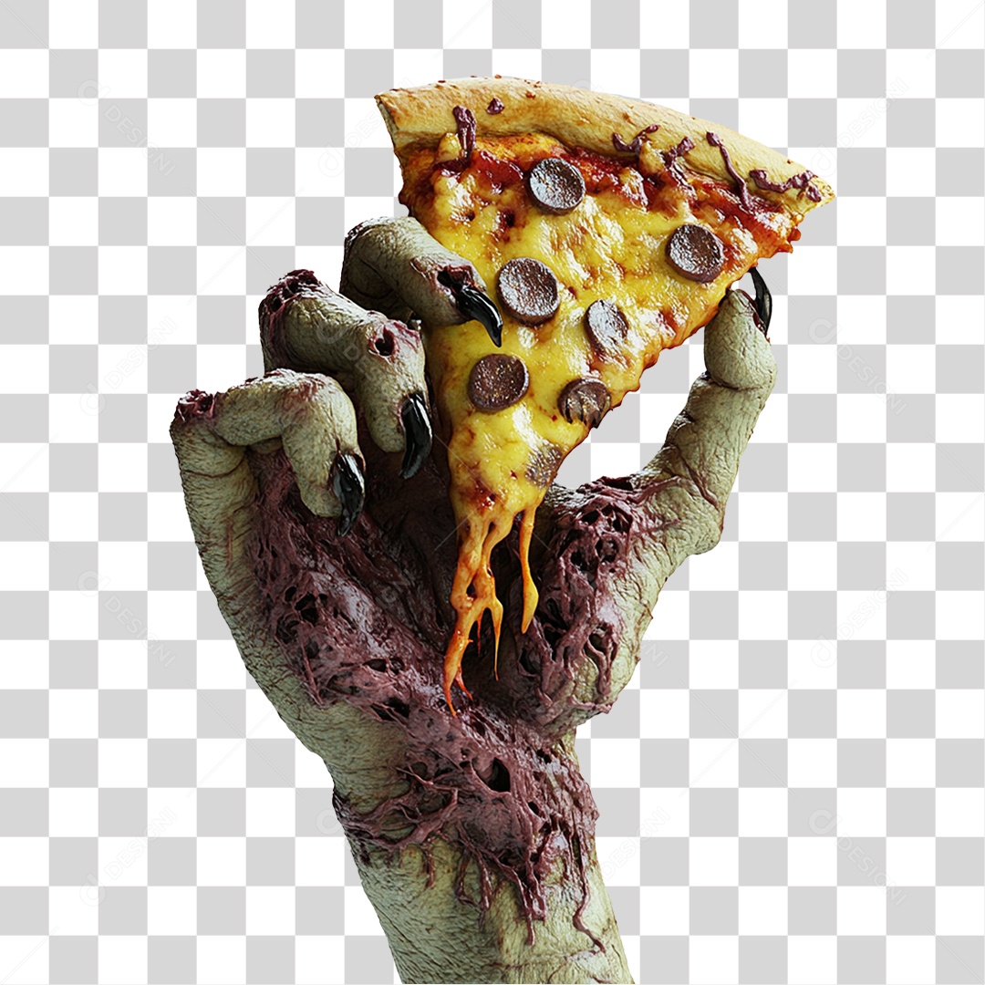 Elemento 3D Mão de Zumbi Halloween com Pizza PNG Transparente