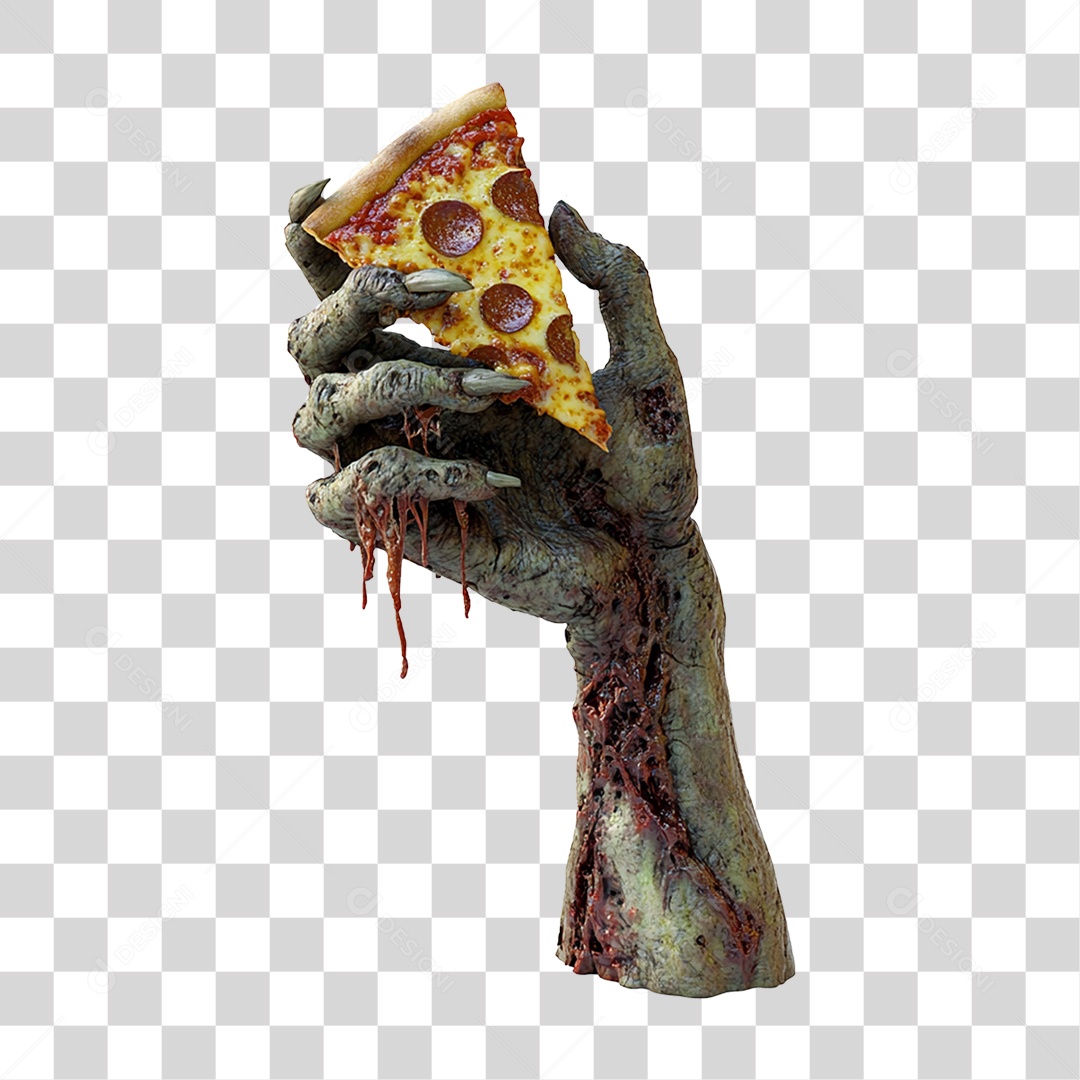 Elemento 3D Mão de Zumbi Halloween com Pizza PNG Transparente