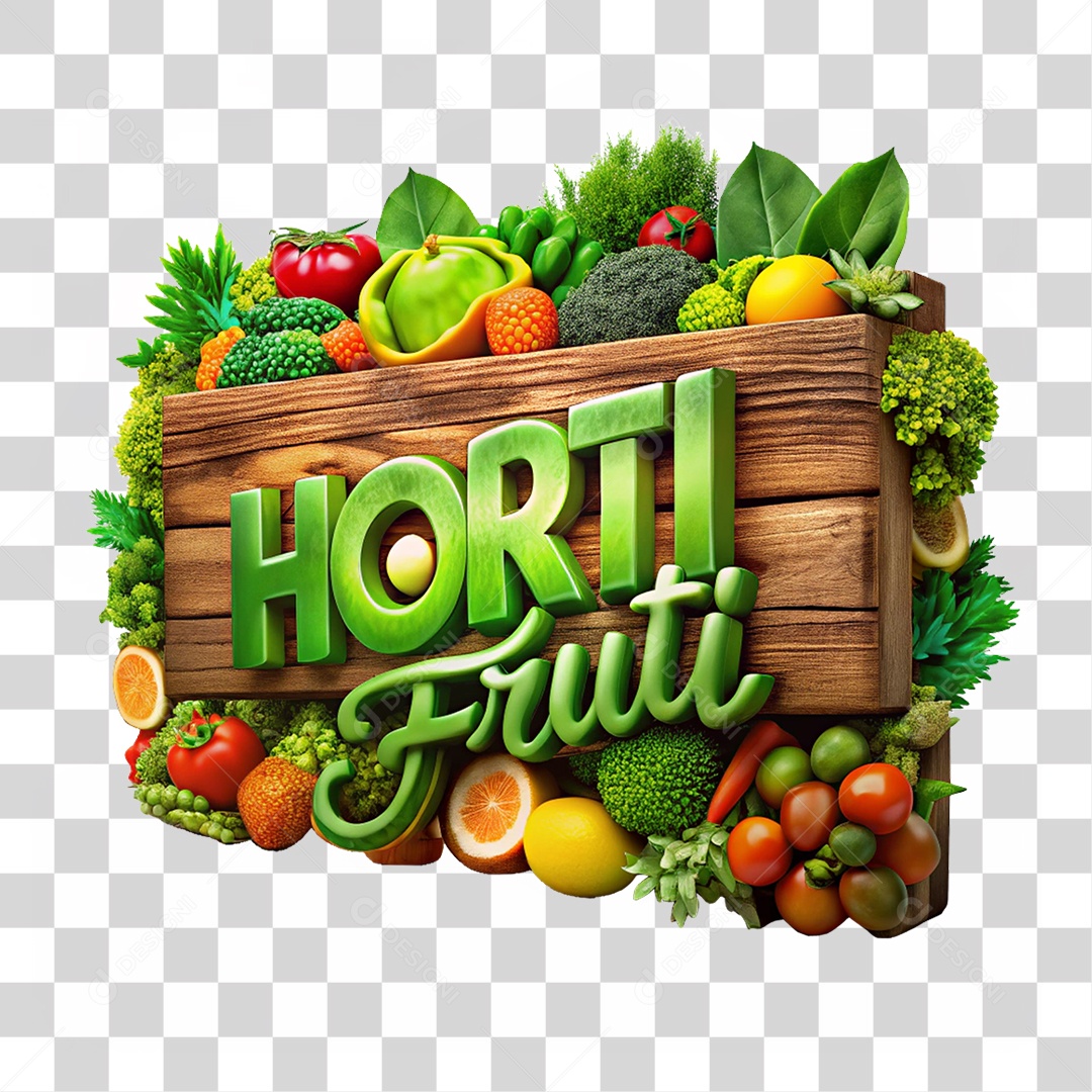 Selo 3D Placa de Madeira Hortifruti PNG Transparente