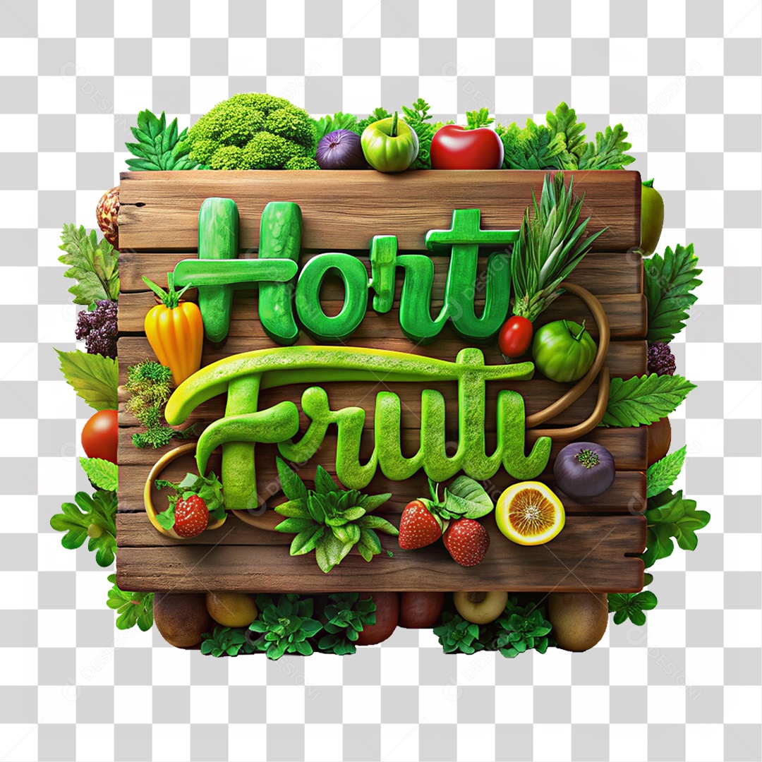 Selo 3D Placa de Madeira Hortifruti PNG Transparente